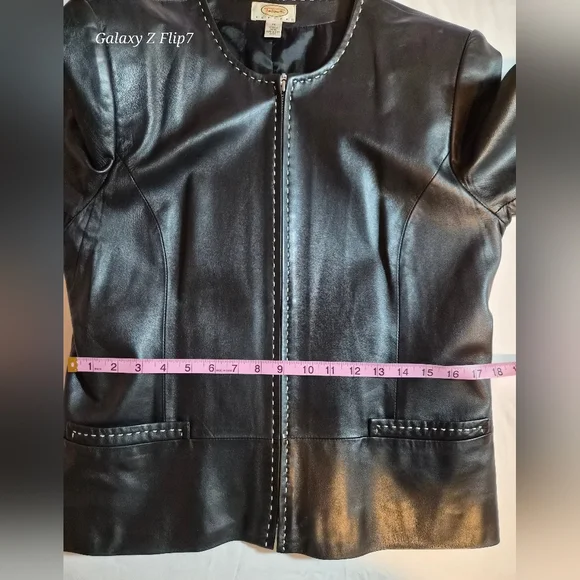 Talbots 100% Leather Moto Lady Jacket Black White Stitching Size 14P - Picture 5 of 8